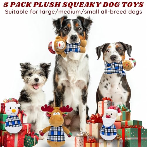Christmas Dog Toys 5 Pack Blue Plush Squeaky Set with Santa Snowman Reindeer Bear Gingerbread Man for Small Large Medium Dogs for Gentle Play Easy Clean Not for Aggressive Chewers - style: Christmas 5 PACK