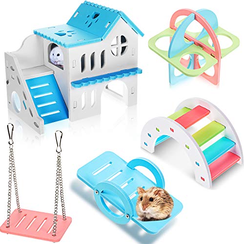 Skylety 5 Pcs Hamster Toys Include Wooden Accessories Hamster House Guinea Pig Hideout Rainbow Bridge Seesaw Swing Exercise Circle Cage Toy for Small Animals(6.3 x 3.93 x 5.5 Inch,Blue) - color: Blue