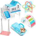Skylety 5 Pcs Hamster Toys Include Wooden Accessories Hamster House Guinea Pig Hideout Rainbow Bridge Seesaw Swing Exercise Circle Cage Toy for Small Animals(6.3 x 3.93 x 5.5 Inch,Blue) - color: Blue