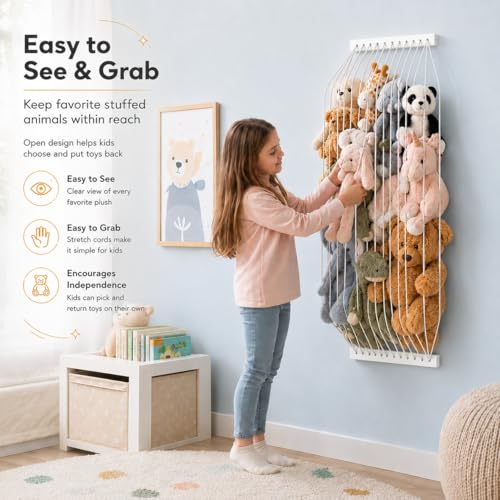 Stuffed Animal Storage Wood Soft Toy Storage for Kids Room，Wall Mount Door Hanging Stuffed Animal Toy Organizer Shelf for Nursery Play Room White -Patent - color: white Board+white Rope