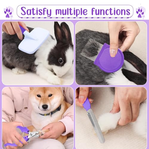 VCZONE 8 Pcs Small Animal Grooming Kit, Rabbit Grooming Kit with Pet Nail Clipper and File, Flea Comb, Pet Shampoo Bath Brush, Pet Shedding Slicker Brush, Bath Massage Glove, Cleaning Comb (Purple) - color: Purple
