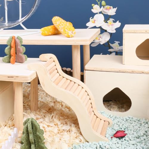 Hamster Climbing Toys, Funny Wooden Hamster Chew Toys for Bridge, Bed, Platform, Grinding Teeth, Hamsters Ladder Small Animal Cage Accessories for Bird, Gerbils, Rat, Chipmunks (M)