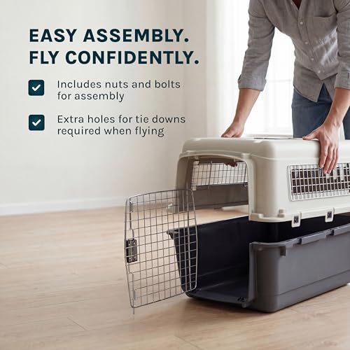 SportPet Airline Compliant LARGE 31.5" Travel Dog Kennel- Durable Plastic Airline Pet Carrier w/ Removable Wheels & Food Bowls, Collapsible Indoor/Outdoor Dog Kennel, Dogs up to 28"L & 20"H-Dark Gray - color: Dark Gray