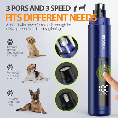 Dog Nail Grinder with 4 LED Lights, 3 Speeds Super Quiet for Pets | Low Vibration, Electric Pet Nail Grinder, Professional Painless Paws Grooming & Smoothing for Small to Large Dogs Cats(Blue) - color: Sapphire Blue
