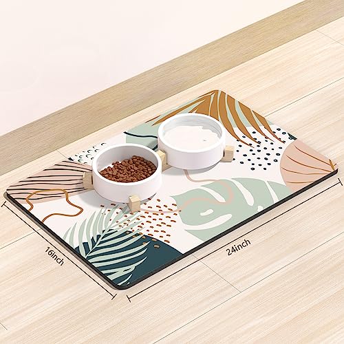 Rnivvi Dog Food Mat, 16" x 24" Boho Absorbent Dog Cat Bowl Mat for Food and Water, Cute Anti-Slip Rubber Pet Feeding Rug Protect Floors, Puppy Placemat for Feeding & Watering Supplies, Tropical Leaves - color: Boho Tropical Leaves, size: 16"x24" (Regular)
