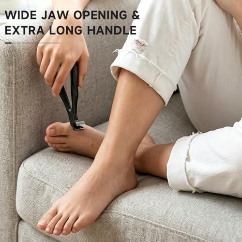 3Pcs Ergonomic Long Handle Toenail Clippers for Seniors for Thick Nail | 4.75in Angled Head Wide Jaw Opening Nail Clippers with Meta and Glass Nail File for Men Women, Fingernail Cutter with Catcher