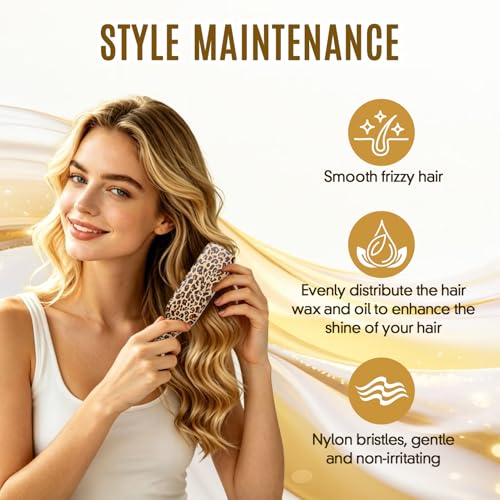 Slick Back Hair Brush Set Teasing Bristle Brush, Hair Wax Stick, Edge Brushes, Rat Tail Comb, Teasing Comb, Wooden Slickback Hairbrush Accessories, Smoothing Combs for Women & Kids(Leopard)