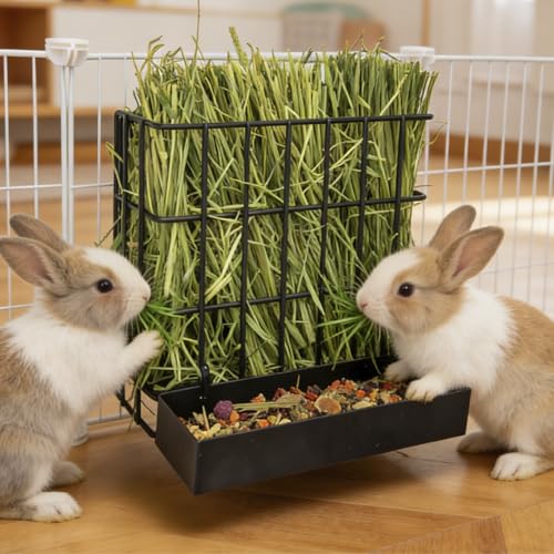 BESNEW 2-in-1 Large Rabbit Hay Feeder with Food Box,Upgraded Metal Guinea Pig Hay Feeder Hay-Leak Proof Bottom,Easy to Install,Bunny Supplies for Rabbit Guinea Pig Chinchilla Small Animals - color: Black, size: 10in feeder-box