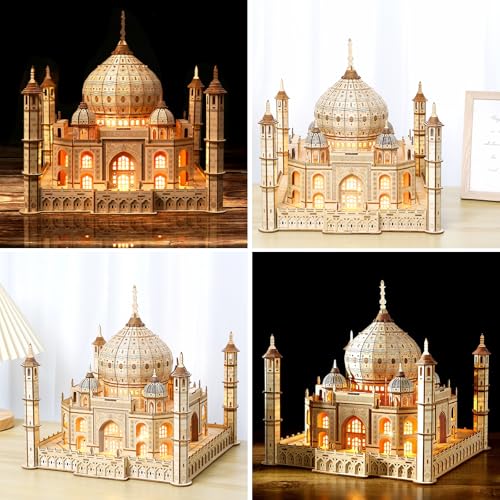 3D Wooden Puzzle for Adults, Taj Mahal Wood Model with Led Light, Self-Assembly Mechanical Building Kit Handicraft Brain Teaser Game Hobbies Toy, Birthday Gift for Women Men, Home Decor, 388 Pieces - style: Taj Mahal