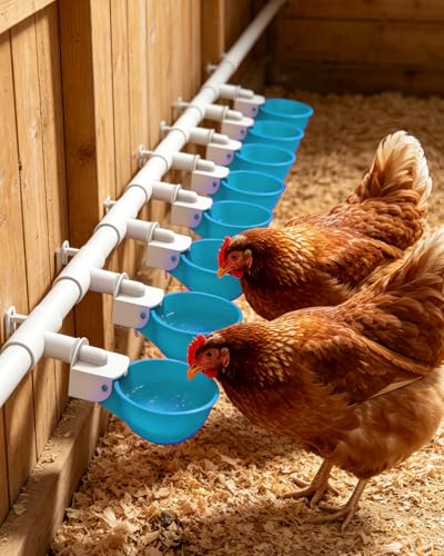 Chicken Waterer Cups (16 Pack) with 3/8" Drill Bit - Light Blue | Automatic Poultry Drinker Feeder Kit for Chickens, Ducks, Turkeys, Quail, Bunnies | DIY Gravity Fed Bucket Water Dispenser - color: Light Blue, size: 16 Pack + Drill bit