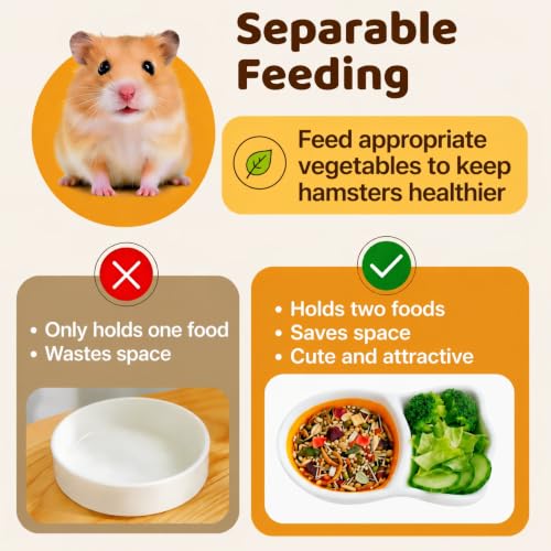 4 Pcs Cute Divided Ceramic Food Bowl and Food Scoop, 2 Chew Toy for Teeth, for Dwarf Syrian Hamsters Gerbils Mouse Degus or Other Similar-Sized Small Pets
