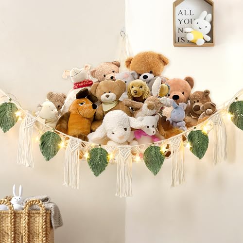 Dremisland Stuffed Animal Toy Net Hammock with Star Light Boho Leaf Macrame Tassel Corner Toy Organizer Bohemian Woven Decor Display Holder for Girls Room Nursery Kids Bedroom Play Room Decor (Green)