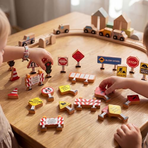 Blosssound Wooden Toys Set for Preschool Classroom - Multicultural Career People Blocks Educational Wooden Play for Kids Learning Toys Play Games Activity Supplies(26 Pcs,Construction Signals) - style: Construction Signals