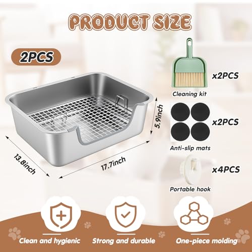 2 Pack XL Stainless Steel Rabbit Litter Box with Grate, Heavy Duty Bunny Litter Tray, Chew Proof, Odor Resistant and Easy Clean, Low Entry Potty Box for Rabbits, Guinea Pigs and Ferrets