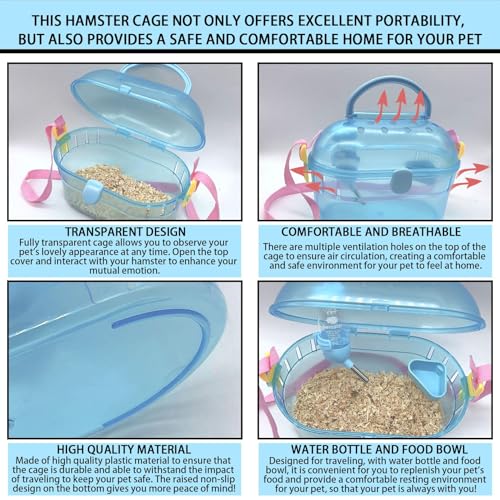 Portable Hamster Cage Syrian Hamster Carry Travel Cage with Water Bottle Food Bowl Adjustable Strap Pet Outgoing Cages for Gerbil Squirrel Guinea Pig Hedgehog Chinchilla - color: Blue | Hamster Carriers