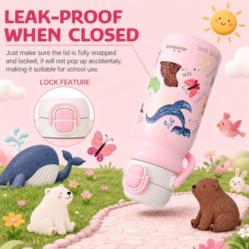 18oz Insulated Stainless Steel Kids Water Bottle for School, Animal | 2-in-1 Straw & Spout Lid, Leak-Proof, BPA-Free, for Girls & Boys, Pink - color: 18oz Light Pink-Animal