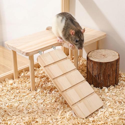 Hamster Play Wooden Platform with Ladder, 9.84x5.9x3.94in Hamster Cage Platform Small Animal Wood Stand Cage Accessories for Syrian Hamsters Mice Squirrel and Other Small Pets