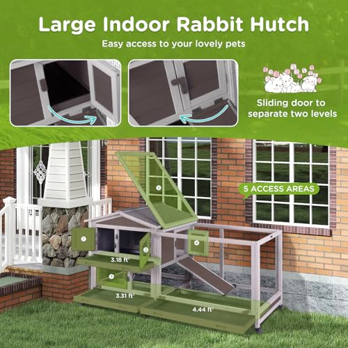 Gutinneen Large Indoor Rabbit Hutch Bunny Cage with Chew-Proof Ramp, Locking Leak-Proof Trays - Outdoor 62" Wooden Rabbit Cage with 6 Wheels for Rabbits, Guinea Pigs, Small Animals (Brown)