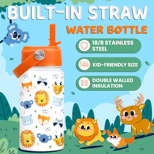 SANDJEST Kids Water Bottle with Straw Lid - 12 Oz Insulated Stainless Steel Animal Water Bottles for Kid Boys Girls - Travel Cup for School Sports - color: Animal 1