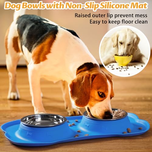 Hubulk Pet Dog Bowls 2 Stainless Steel Dog Bowl with No Spill Non-Skid Silicone Mat + Pet Food Scoop Water and Food Feeder Bowls for Feeding Small Medium Large Dogs Cats Puppies (Small, Blue) - color: Blue, size: Small