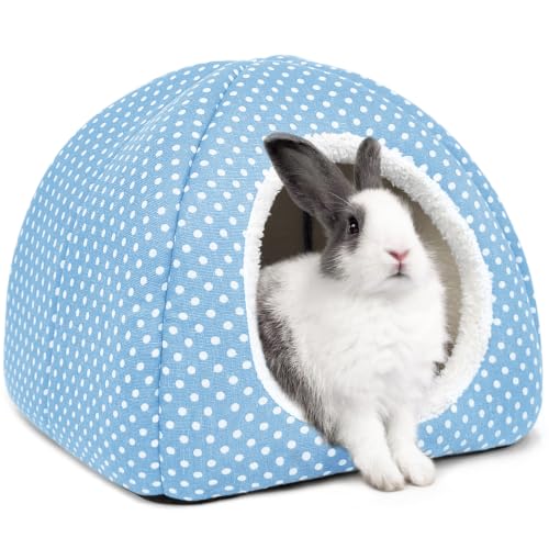 Rabbit Hideout Large Bunny Bed Washable Rabbit House | Fleece Hiding Hut for Indoor Bunnies Guinea Pigs, Small Animal Hideaway - color: Light blue