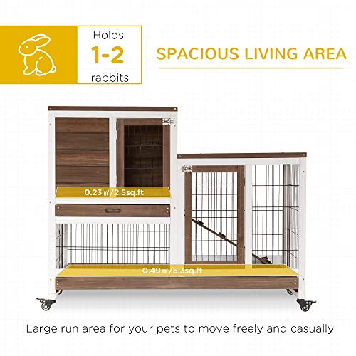PawHut Wooden Rabbit Hutch Elevated Bunny Cage Indoor Small Animal Habitat with Enclosed Run with Wheels, Ramp, Removable Tray Ideal for Guinea Pigs, Brown | Small Animal Habitat, Enclosed Run, Wheels, Ramp, Removable Tray - color: Brown