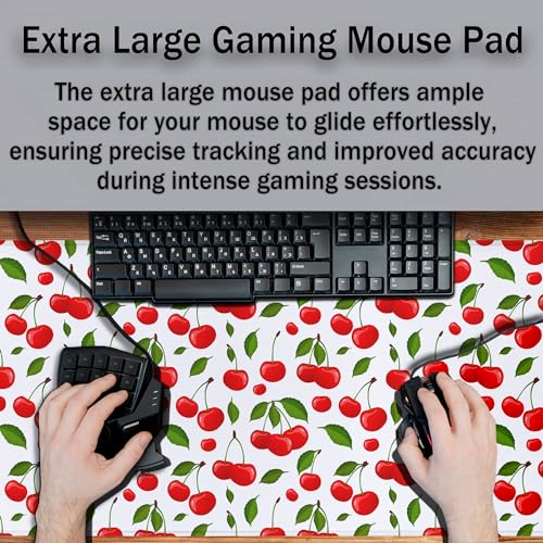 Big Mouse Pad White Red Gaming Mouse Pads Computer Desk Mats 900X400 Mouse Pad Non-Slip Rubber Base Waterproof with Stitched Edges 35.4 X 15.7 for Game Office, Cherry Pattern - color: Cherry