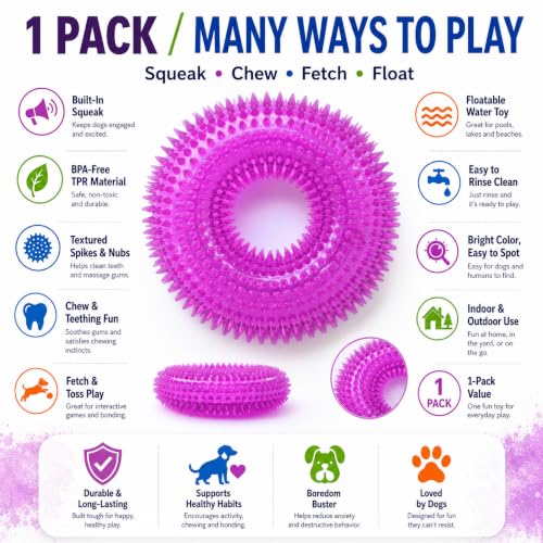 ADUCK Dog Squeaky Chew Toys for Aggressive Chewers, Small Medium Large Dogs Teeth Cleaning Soft Natural Rubber Float Toy for Indoor Outdoor Water Pool, Donut Ring Design 4.92 inch, Crystal Purple - color: Crystal Purple