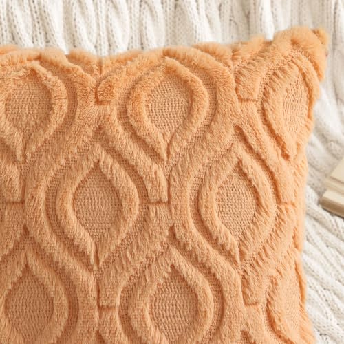 decorUhome Faux Fur Plush Light Orange Throw Pillow Covers 16x16 Set of 2 | Plush Solid Fall Couch Pillow Covers, Accent Modern Farmhouse Neutral Decorative Square Pillow Cases for Sofa Bed Living Room - color: Light Orange, size: 16" x 16" (Pack of 2)