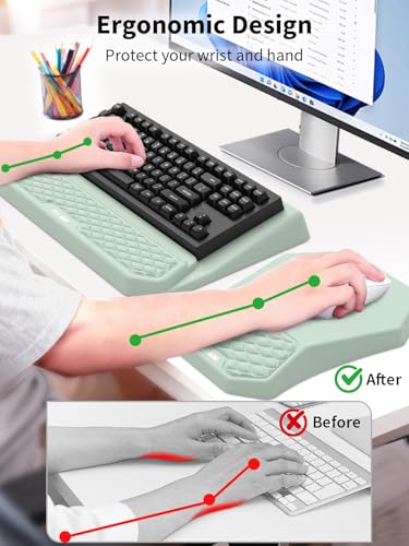 3-in-1 Ergonomic Keyboard Stand with Wrist Rest & Mouse Pad Set,Light Green | Comfy Keyboard Riser Holder Soft Mousepad with Massage Design, Memory Foam and Non-Slip PU Base for Pain Relief - color: Light Green