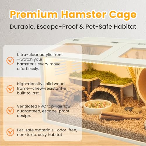 Wooden Hamster Cage Chewproof, Large Hamster Cages and Habitats, Small Animal Habitat with with Double Openable Acrylic Sheet Doors for Gerbil, Degus Mice, Guinea Pig, Rat& Other Small Pets（32in）
