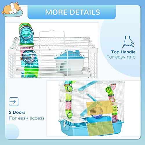 PawHut Extra Large 23" Hamster Cage with Tubes and Tunnels, Portable Carry Handles, Rat House and Habitats Big 5-Tier Design, Mouse Cage Includes Exercise Wheel, Water Bottle, Food Dish, Light Blue | Portable Carry Handles, Rat House and Habitats, Big 5-T