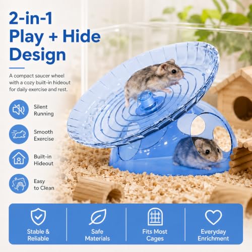 Silent Hamster Wheel with Hideout, 7.09 in Saucer Wheel for Dwarf Hamsters | 2-in-1 flying saucer wheel with hideout, quiet spin, wide track, clear body, stable base, easy-clean surface - color: Blue