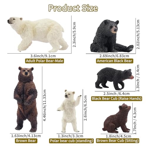 Toymany 6PCS Realistic Bear Figurines Set - Plastic Bears Toy with Grizzly, Black Bear, Polar Bear and Cubs, Wild Animals Figures Education Toy Cake Toppers Christmas Birthday Gift for Kids Toddlers - style: Bears (Brown, Black, Polar)