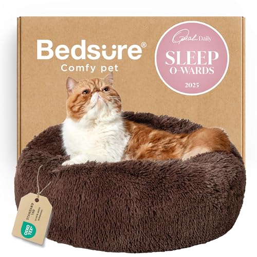 Bedsure Calming Cat Beds for Indoor Cats - Small Cat Bed Washable 20 inches, Anti-Slip Round Fluffy Plush Faux Fur Pet Bed, Fits up to 15 lbs Pets, Coffee | Fluffy Faux Fur Cuddler,Machine Washable,Anti-Slip Bottom,Anti-Anxiety,Deep Sleeping for Cats&Smal