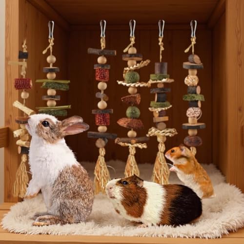 Bunny Chew Toys, Hamster Rabbit Cage Hanging Chew Toys, Natural Apple Wood Bunnies Treats, Improve Small Animal Teeth Health for Guinea Pig Chinchilla Ferret Rats Gerbil (6pcs)