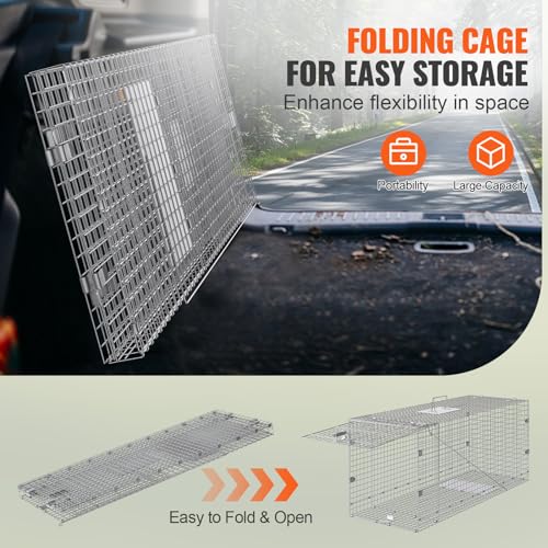 VEVOR Live Animal Cage Trap, 42" x 16" x 18" Humane Cat Trap Galvanized Iron, Folding Animal Trap Cage with Handle for Stray Dogs, Armadillos, Raccoons, Foxes - size: 42" x 16" x 18"