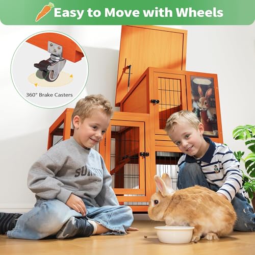 COZIWOW Rabbit Hutch Indoor Outdoor with Wire Floor & Removable Tray Orange | 2-Story Large Wooden Bunny Cage on Wheels, No-Spill Design, Chewproof Ramp for Multiple Small Animals