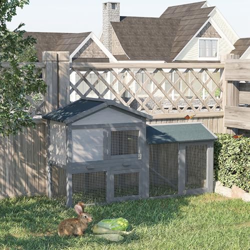 PawHut 58" Rabbit Hutch, Wooden Bunny Hutch, Guinea Pig Cage, Small Animal Enclosure with Run Area, Removable Tray, Asphalt Roof, Lockable Doors and Ramp, Dark Gray | Wooden Bunny Hutch, Guinea Pig Cage, Removable Tray, Asphalt Roof, Lockable Doors, for 1