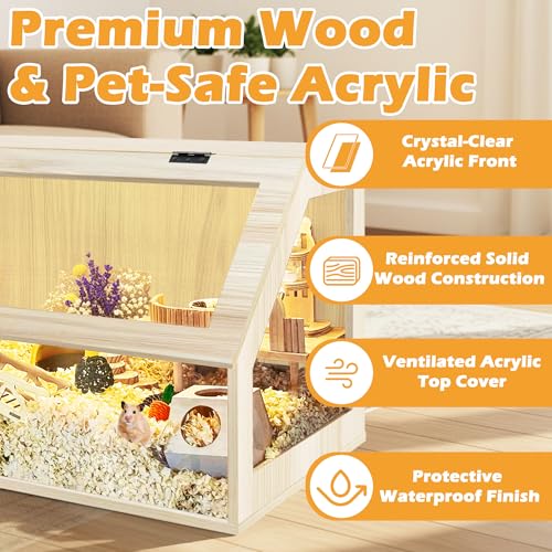 PROLEE Hamster Cage Large Chewproof, 40" x 20" x 20" Sloped Mice and Rat Habitat with Clear View, Solid Built with Lockable Design and Openable Top (Oak) - color: Oak