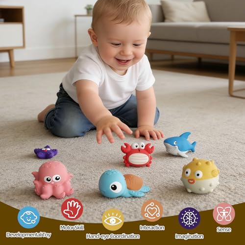 Tovol Zerky No Hole Baby Bath Toys for Kids 6-12M, Marine Animal Bathtub Toys for Toddlers 6+ Months with Sealed Design, 6 Pcs Sea Animal Float in Water Pool Toys for Boy Girl Birthday Gifts