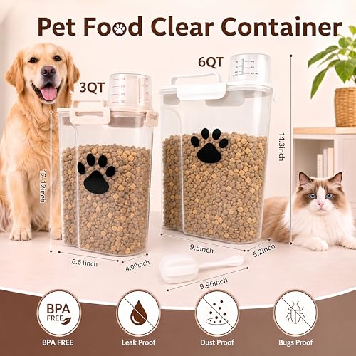 5-7Lbs Dog Storage Container with cleaning brush and Measuring Cup | Airtight Portable Pet Food Containers with Upgraded Large Spout and Cup for Dogs,Cats,Birds,2 Packs（3L+5L） White - color: 6QT+3QT-White