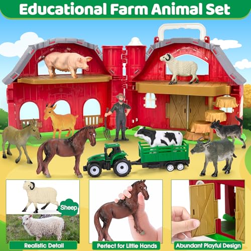 Ellinjan Farm Animals Toys for Toddlers Girls Boys, Big Red Barn Farm with Figures Animals and Tractor Toy for Kids 2 3 4 5, Farm Playset Educational Learning Toys, Ideal Christmas Birthday Gifts