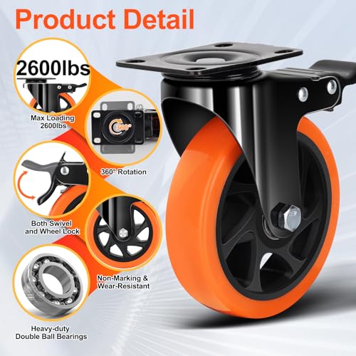 QNCZ 5 Inch Heavy Duty Caster Wheel with Dual Brake,Silent,Orange,Set of 4 | Easy to Install, Efficient operation, convenient braking,Silent, Floor friendly,Widely Applied for Cart,Furniture,Workbench - color: Orange, size: 5 IN