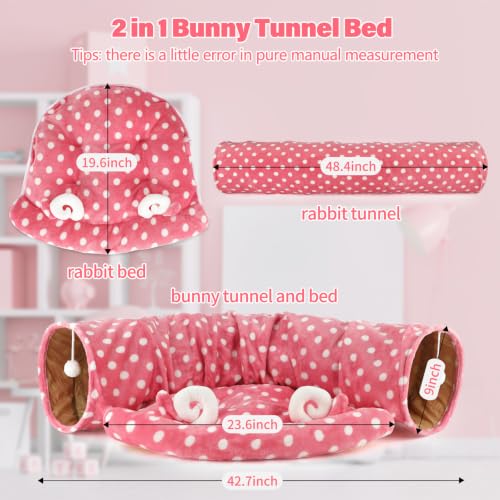 BWOGUE Bunny Tunnel Bed, 2-in-1 Collapsible Rabbit Tunnel Hideout with Mat | Rabbit Tunnel for Indoor Bunnies, 46.8 in Length, Removable Mat for Rest, Ball Toy for Play, Rabbits and Guinea Pigs - color: Pink