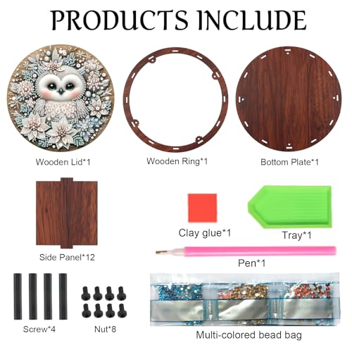Diamond Art Storage Box Owl Diamond Painting Wooden Snack Box Animal Gem Painting Candy Box Flower Gem Art Organizer Case Embroidery Kit Mosaic Kits for Adults Storage Containers with Lid - color: Owl 2