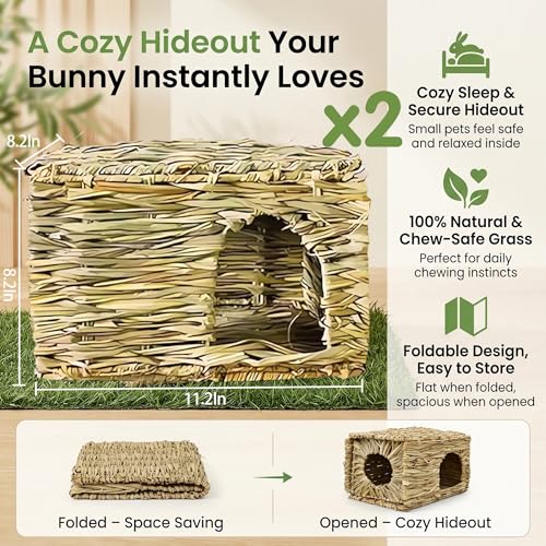 WUWEOT 2 Pack Large Grass Bunny House, Foldable Rabbit Hut, Play Hideaway Bed Hay Mat Chew Toy for Rabbit, Guinea Pigs, Gerbils, Hamster and Small Animals, 11"x8"x8"