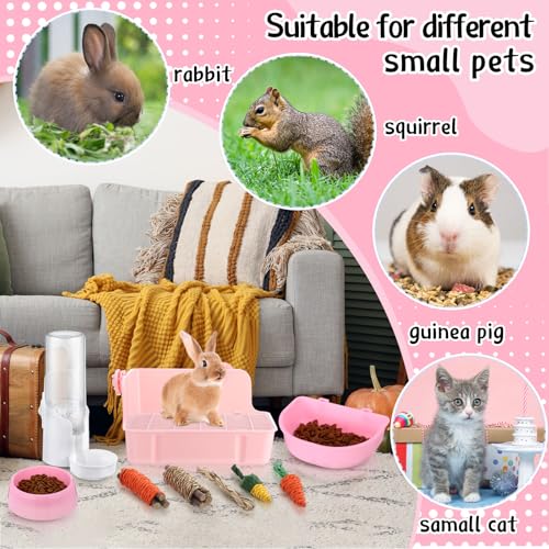 20 Pcs Rabbit Starter Kit Small Bunny Litter Box Animal Grooming Kit with Hanging Pet Bowls Water Bottle Bunny Toys Flannel Blankets with Cleaning Set for Guinea Pig Rabbit Accessories(Pink) - color: Pink