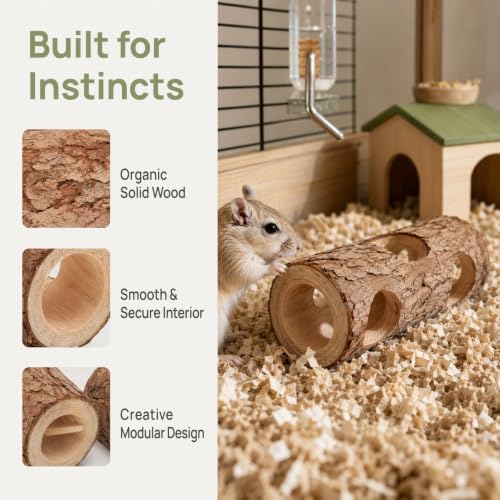 IMIKEYA 2Pcs Hamster Wooden Hideout Tunnel - Natural Hide Tube | Hamster Mouse Tunnel Tube, Multi Chamber Burrow Exploring Toy for Small Dwarf Hamsters, Gerbils, DIY Cage Playground Hideout