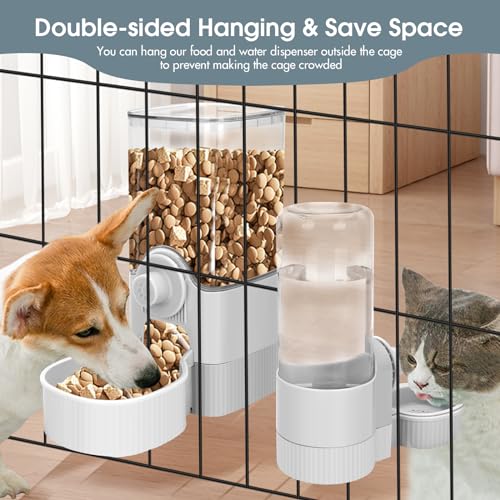 Yummy Sam Hanging Cage Automatic Small Pet Food Bowl Water Bottle Dispenser, Detachable Auto Gravity 1.2L Self-Feeding Feeder and 0.52L Waterer Set Kennel Feeding Station for Puppy Cats Rabbit(Grey) - color: Grey
